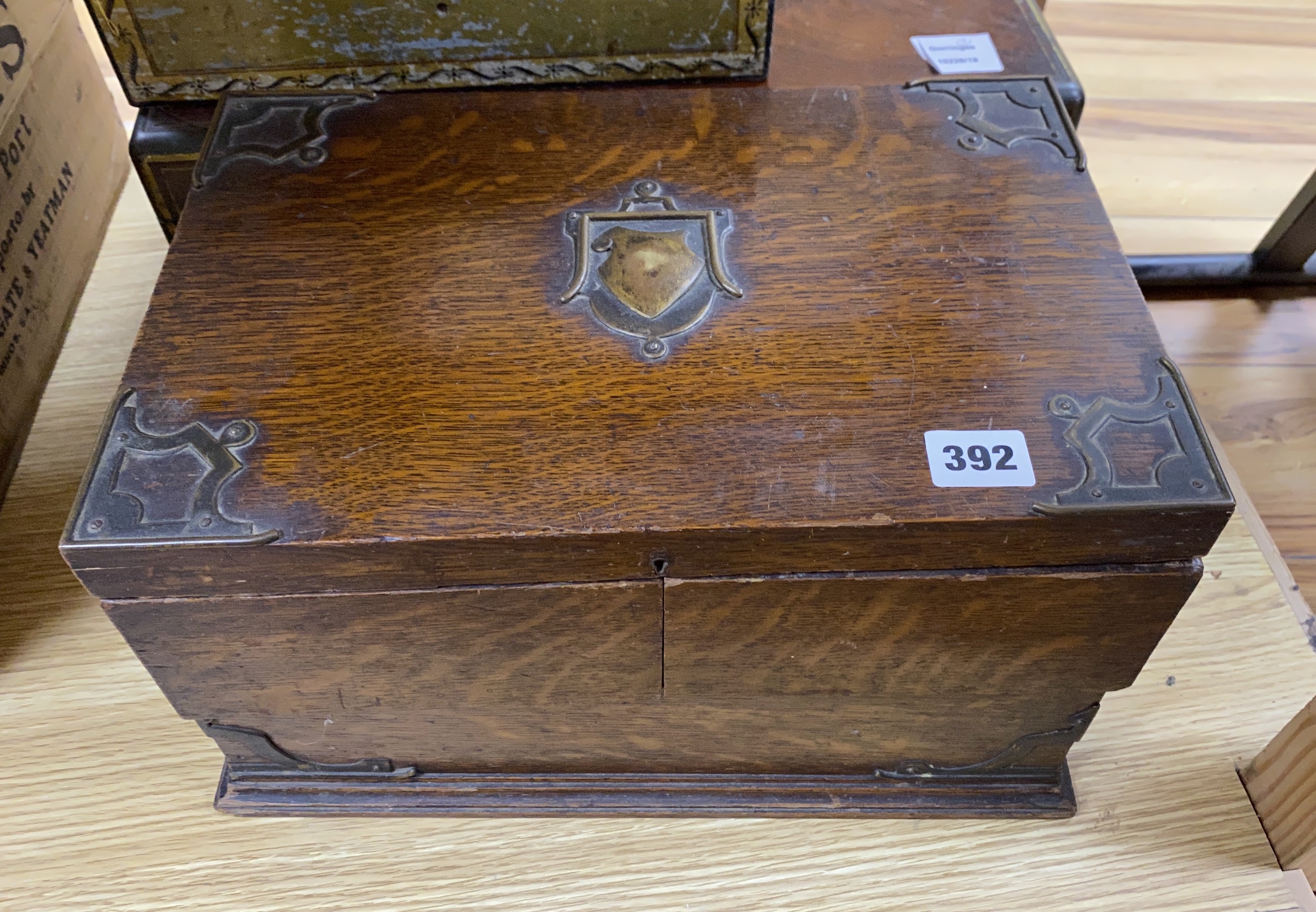 A George III mahogany and brass bound writing slope, a painted sewing box and an oak brass mounted sewing box, (3), writing slope 45cm wide x 26cm deep